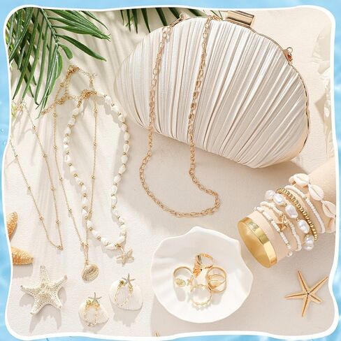 Tondiamo 14 Pcs Seashell Starfish Jewelry Set for Women Shell Clutch Purse Crossbody Bag Boho Summer Beach Mermaid Accessories Layer Necklace Bracelets Rings Earrings Valentines Wedding Gift Vacation in Saudi Arabia