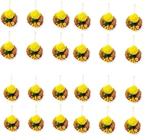 Ethnics Flower Yellow Fabric with Pearls Brass Maang Tikka for Women - Pack of 24 | MangTika Set for Wedding, Baby Shower, Haldi & Mehandi Function in Saudi Arabia