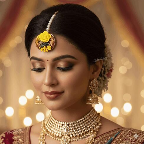 Ethnics Flower Yellow Fabric with Pearls Brass Maang Tikka for Women - Pack of 24 | MangTika Set for Wedding, Baby Shower, Haldi & Mehandi Function in Saudi Arabia