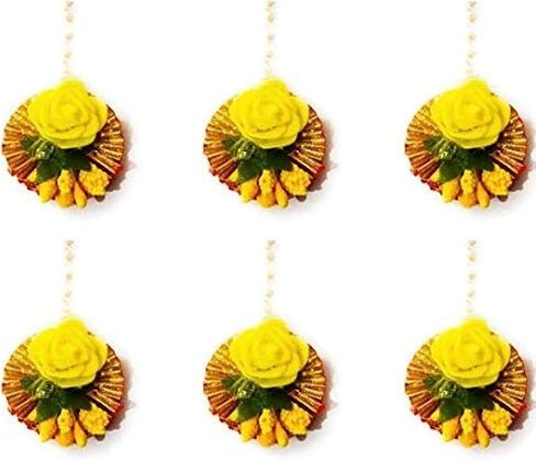 Ethnics Flower Yellow Fabric with Pearls Brass Maang Tikka for Women - Pack of 24 | MangTika Set for Wedding, Baby Shower, Haldi & Mehandi Function in Saudi Arabia