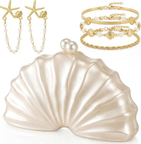 Quelay 3 Pcs Acrylic Shell Shaped Clutch Beachy Jewelry Mermaid Jewelry for Women Seashell Purse Seashell Earrings Beachy Bracelets Vacation Accessories for Women Party Birthday Vacation Gift in Saudi Arabia
