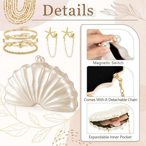 Quelay 3 Pcs Acrylic Shell Shaped Clutch Beachy Jewelry Mermaid Jewelry for Women Seashell Purse Seashell Earrings Beachy Bracelets Vacation Accessories for Women Party Birthday Vacation Gift in Saudi Arabia