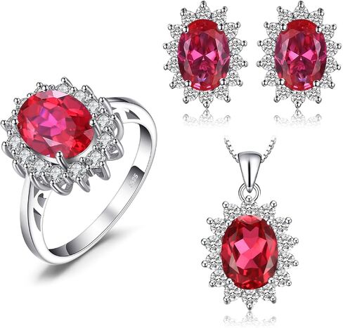 JewelryPalace Princess Diana Kate Middleton Gemstone Birthstone Red Ruby Halo Jewelry Sets for Women, 14K White Gold Plated 925 Sterling Silver Necklaces for Her Size 5.5 in Saudi Arabia