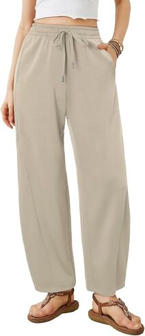Onlypuff المرأة برميل الساق Sweatpant الرباط مطاطا الخصر واسعة الساق السراويل عارضة بالازو بنطلون مع جيوب in Saudi Arabia