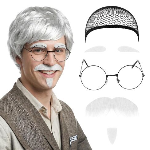 مجموعة شعر مستعار لزي الرجل العجوز، قبعة شعر مستعار للجد، نظارات للشارب والحواجب ليوم 100 من مجموعة الملحقات (فضي) in Saudi Arabia