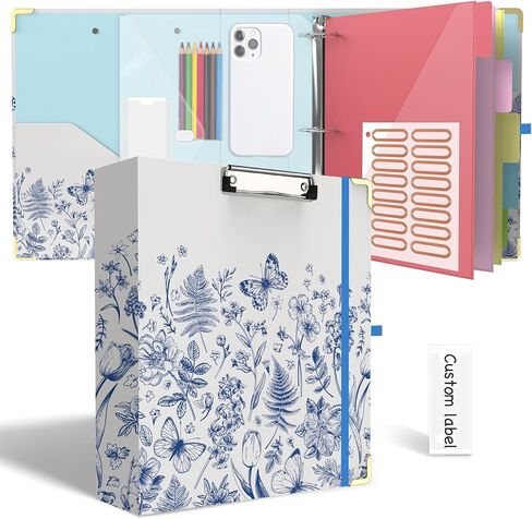 3 Ring Binder 2 Inch for Letter Size 8.5" x 11" Paper, Clipboard Binder with 5 Tabbed Dividers with Pockets, Plastic Folder and 16 Divider Stickers, School and Office Supplies, Colorful Flowers in Saudi Arabia