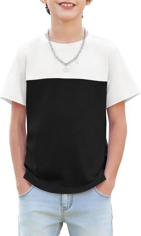 Haloumoning Boys Colorblock Short Sleeve Shirts Kids Summer Crewneck T-Shirts Casual Tops Tees 5-14 Years in Saudi Arabia