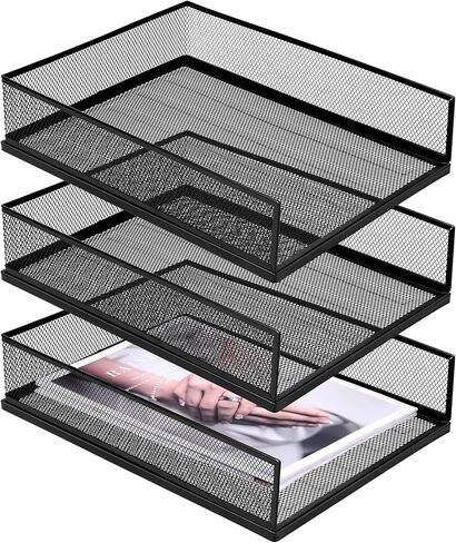 3 Pcs Black Metal Letter Tray, 3-Tier Stackable Paper Tray, Metal Mesh Desktop Organizer, Single Wire Mesh Organizer Front Load File Paper Holder, File Document Storage Rack for Office, School, Home in Saudi Arabia