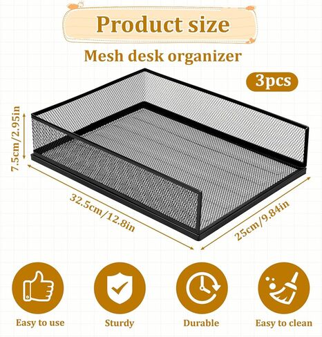 3 Pcs Black Metal Letter Tray, 3-Tier Stackable Paper Tray, Metal Mesh Desktop Organizer, Single Wire Mesh Organizer Front Load File Paper Holder, File Document Storage Rack for Office, School, Home in Saudi Arabia