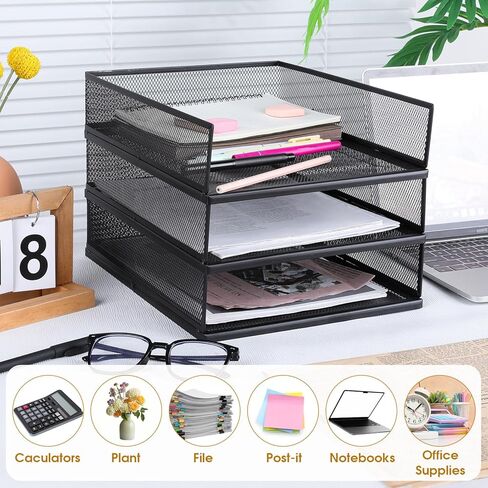 3 Pcs Black Metal Letter Tray, 3-Tier Stackable Paper Tray, Metal Mesh Desktop Organizer, Single Wire Mesh Organizer Front Load File Paper Holder, File Document Storage Rack for Office, School, Home in Saudi Arabia