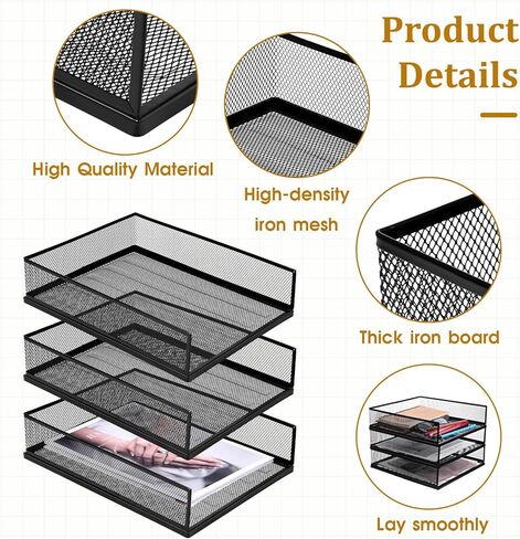 3 Pcs Black Metal Letter Tray, 3-Tier Stackable Paper Tray, Metal Mesh Desktop Organizer, Single Wire Mesh Organizer Front Load File Paper Holder, File Document Storage Rack for Office, School, Home in Saudi Arabia