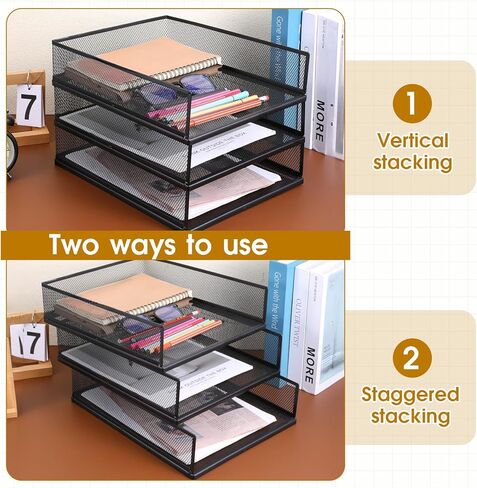 3 Pcs Black Metal Letter Tray, 3-Tier Stackable Paper Tray, Metal Mesh Desktop Organizer, Single Wire Mesh Organizer Front Load File Paper Holder, File Document Storage Rack for Office, School, Home in Saudi Arabia