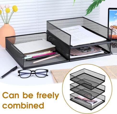3 Pcs Black Metal Letter Tray, 3-Tier Stackable Paper Tray, Metal Mesh Desktop Organizer, Single Wire Mesh Organizer Front Load File Paper Holder, File Document Storage Rack for Office, School, Home in Saudi Arabia