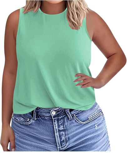 Womens Plus Size Tank Tops Trendy Round Neck Loose Fit Shirts Sleeveless Basic Tops Summer Beach Vacation Outfits in Kuwait