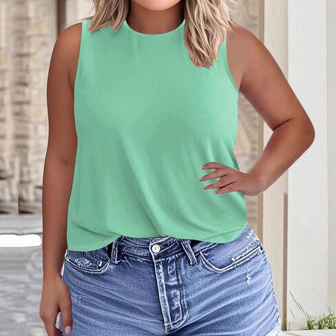 Womens Plus Size Tank Tops Trendy Round Neck Loose Fit Shirts Sleeveless Basic Tops Summer Beach Vacation Outfits in Kuwait