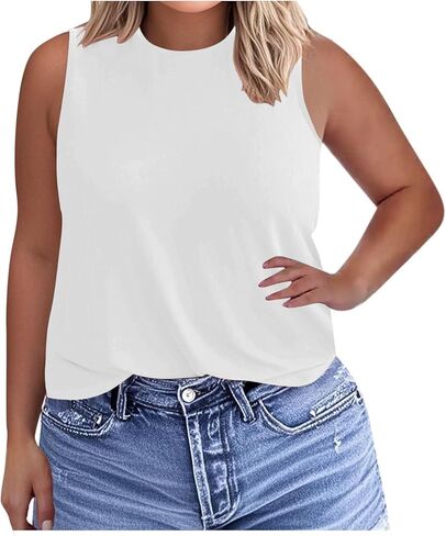 Womens Plus Size Tank Tops Trendy Round Neck Loose Fit Shirts Sleeveless Basic Tops Summer Beach Vacation Outfits in Saudi Arabia