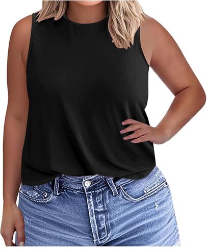 Womens Plus Size Tank Tops Trendy Round Neck Loose Fit Shirts Sleeveless Basic Tops Summer Beach Vacation Outfits in Kuwait