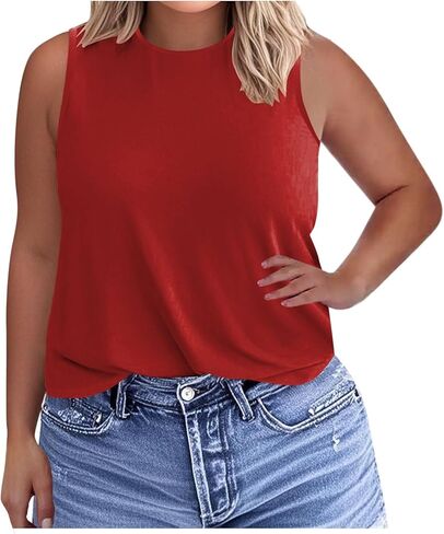 Womens Plus Size Tank Tops Trendy Round Neck Loose Fit Shirts Sleeveless Basic Tops Summer Beach Vacation Outfits in Kuwait