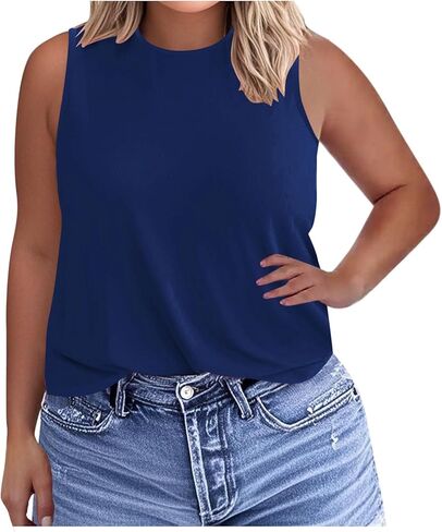Womens Plus Size Tank Tops Trendy Round Neck Loose Fit Shirts Sleeveless Basic Tops Summer Beach Vacation Outfits in Kuwait