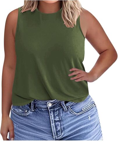 Womens Plus Size Tank Tops Trendy Round Neck Loose Fit Shirts Sleeveless Basic Tops Summer Beach Vacation Outfits in Kuwait