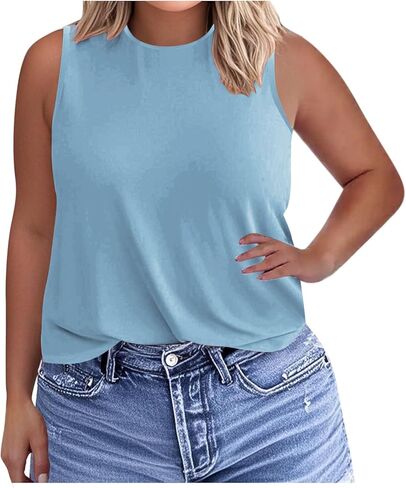 Womens Plus Size Tank Tops Trendy Round Neck Loose Fit Shirts Sleeveless Basic Tops Summer Beach Vacation Outfits in Kuwait