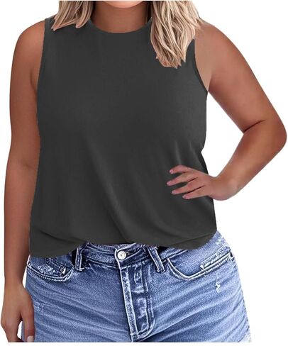 Womens Plus Size Tank Tops Trendy Round Neck Loose Fit Shirts Sleeveless Basic Tops Summer Beach Vacation Outfits in Kuwait
