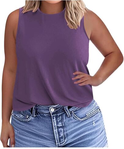Womens Plus Size Tank Tops Trendy Round Neck Loose Fit Shirts Sleeveless Basic Tops Summer Beach Vacation Outfits in Kuwait