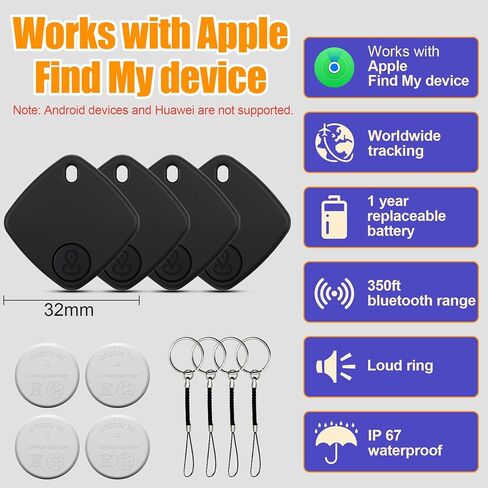 علامات التتبع - 4 حزم، جهاز تعقب بلوتوث يعمل مع Find My (iOS فقط)، جهاز البحث عن المفاتيح لعلامة Trakcer الذكية ومحدد موقع العناصر مع حبل قصير، وعلامة تعقب للمفاتيح، وبطارية قابلة للاستبدال للأمتعة in Kuwait