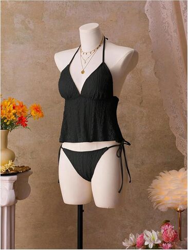 SweatyRocks Women's Textured Halter Tankini Sets Side Tie Thong Two Piece Bathing Suit in Saudi Arabia