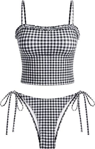 ZAFUL المرأة Tankini المايوه الكشكشة عالية قطع ملابس السباحة مخطط التعادل عقدة الظهر قطعتين صفيق ثوب السباحة in Saudi Arabia