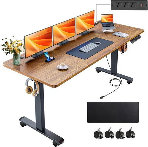 farexon 55 x 24 Electric Standing Desk Adjustable Height with Charging Station, Stand up Desk with Wheels,Outlets, Mouse Pad, Preset Heights Home Office Gaming Computer Workstations Table（Brown） in Saudi Arabia