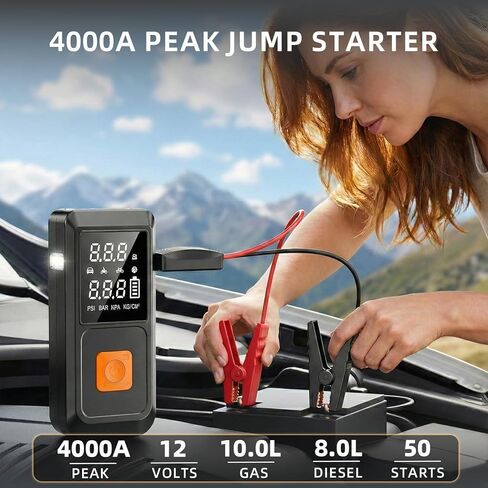 GOLDFOREST 4000A Jump Starter مع ضاغط هواء، بطارية السيارة المحمولة (10 لتر غاز/8 لتر ديزل)، صندوق القفز 150 رطل لكل بوصة مربعة مع منفاخ إطارات للإغلاق التلقائي، ضوء LED، بنك الطاقة - مجموعة طوارئ السيارة in Kuwait