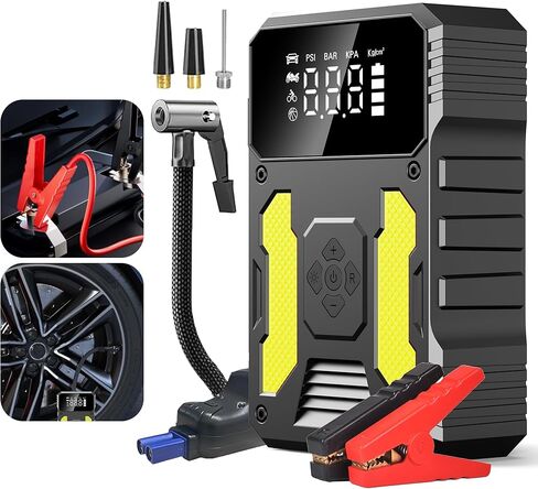 3000A Jump Starter with Air Compressor, 12V Battery Booster, 150PSI Tire Inflator Auto-Stop, Type-C Input/Output, LED SOS Light for Emergency Use in Saudi Arabia