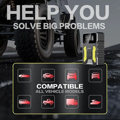 3000A Jump Starter with Air Compressor, 12V Battery Booster, 150PSI Tire Inflator Auto-Stop, Type-C Input/Output, LED SOS Light for Emergency Use in Saudi Arabia