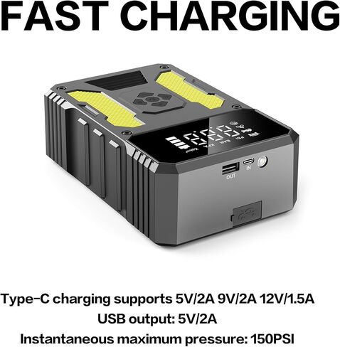 3000A Jump Starter with Air Compressor, 12V Battery Booster, 150PSI Tire Inflator Auto-Stop, Type-C Input/Output, LED SOS Light for Emergency Use in Saudi Arabia