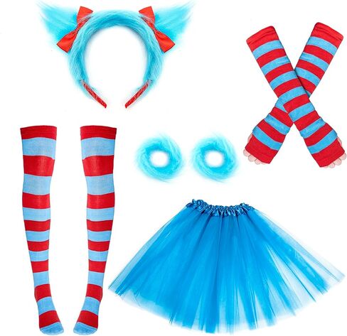 5-Piece Whimsical Character Costume Set with Blue Tutu Skirt, Red and Blue Striped Socks, Arm Warmers, Wristband, Plush Headband with Ears, Cosplay Party Accessories in Saudi Arabia
