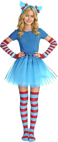 5-Piece Whimsical Character Costume Set with Blue Tutu Skirt, Red and Blue Striped Socks, Arm Warmers, Wristband, Plush Headband with Ears, Cosplay Party Accessories in Saudi Arabia