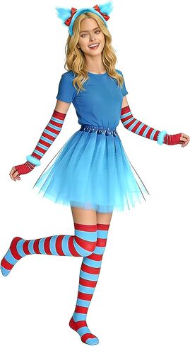 5-Piece Whimsical Character Costume Set with Blue Tutu Skirt, Red and Blue Striped Socks, Arm Warmers, Wristband, Plush Headband with Ears, Cosplay Party Accessories in Saudi Arabia