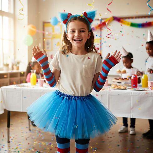 5-Piece Whimsical Character Costume Set with Blue Tutu Skirt, Red and Blue Striped Socks, Arm Warmers, Wristband, Plush Headband with Ears, Cosplay Party Accessories in Saudi Arabia