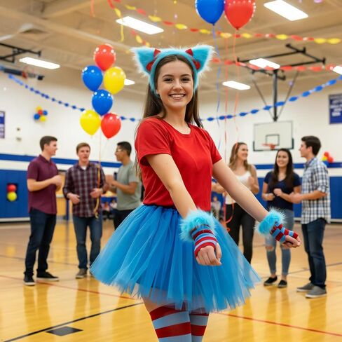 5-Piece Whimsical Character Costume Set with Blue Tutu Skirt, Red and Blue Striped Socks, Arm Warmers, Wristband, Plush Headband with Ears, Cosplay Party Accessories in Saudi Arabia