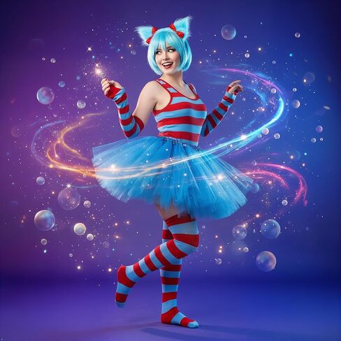 5-Piece Whimsical Character Costume Set with Blue Tutu Skirt, Red and Blue Striped Socks, Arm Warmers, Wristband, Plush Headband with Ears, Cosplay Party Accessories in Saudi Arabia