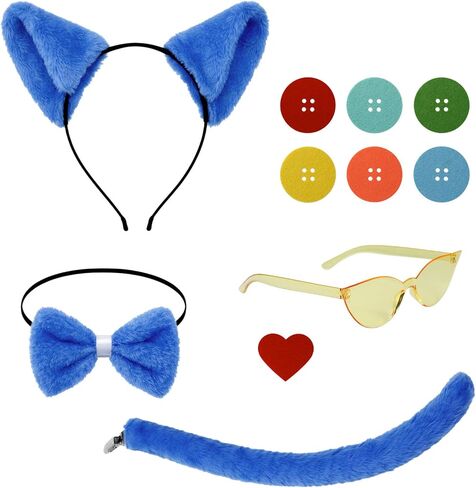 Blue Cat Costume Accessories, Cat Ears Headband, Tail, Bowtie, Heart Button Stickers Yellow Glasses for Read Book Day Dress Up Halloween Party Cosplay in Saudi Arabia