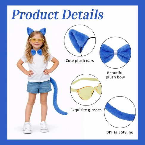 Blue Cat Costume Accessories, Cat Ears Headband, Tail, Bowtie, Heart Button Stickers Yellow Glasses for Read Book Day Dress Up Halloween Party Cosplay in Saudi Arabia