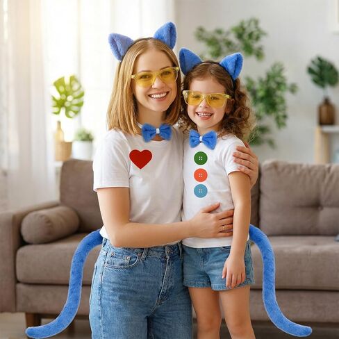 Blue Cat Costume Accessories, Cat Ears Headband, Tail, Bowtie, Heart Button Stickers Yellow Glasses for Read Book Day Dress Up Halloween Party Cosplay in Saudi Arabia