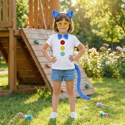 Blue Cat Costume Accessories, Cat Ears Headband, Tail, Bowtie, Heart Button Stickers Yellow Glasses for Read Book Day Dress Up Halloween Party Cosplay in Saudi Arabia