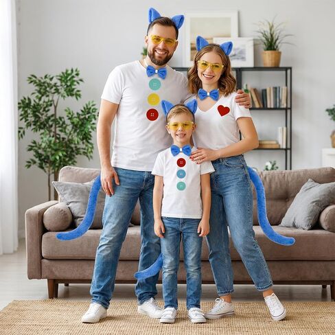 Blue Cat Costume Accessories, Cat Ears Headband, Tail, Bowtie, Heart Button Stickers Yellow Glasses for Read Book Day Dress Up Halloween Party Cosplay in Saudi Arabia