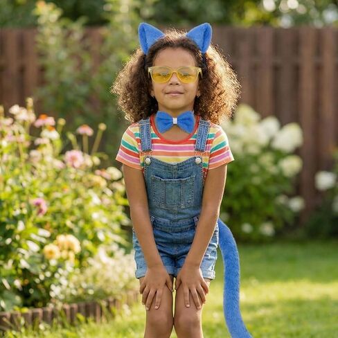 Blue Cat Costume Accessories, Cat Ears Headband, Tail, Bowtie, Heart Button Stickers Yellow Glasses for Read Book Day Dress Up Halloween Party Cosplay in Saudi Arabia