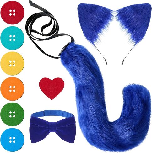10 Pcs Blue Cat Costume Set Include Blue Cat Ear Headband Tail Bowtie with 6 Button Patches 1 Heart Shape Patch Felt Sticker for 100th Day of School Book Character Cosplay Halloween Dress up in Saudi Arabia