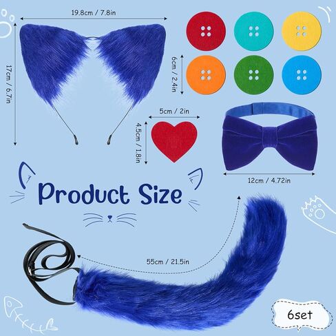 10 Pcs Blue Cat Costume Set Include Blue Cat Ear Headband Tail Bowtie with 6 Button Patches 1 Heart Shape Patch Felt Sticker for 100th Day of School Book Character Cosplay Halloween Dress up in Saudi Arabia