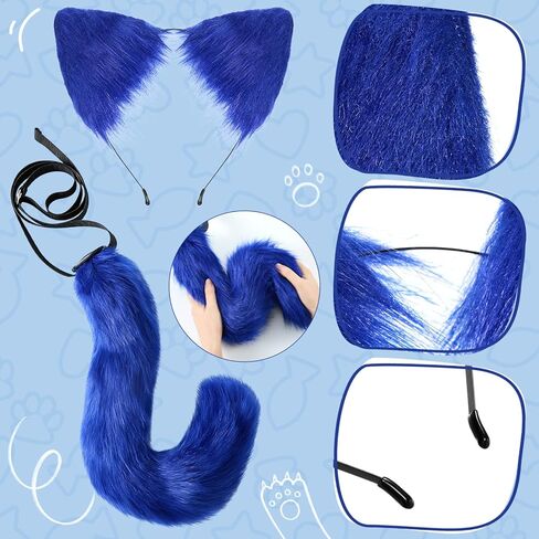 10 Pcs Blue Cat Costume Set Include Blue Cat Ear Headband Tail Bowtie with 6 Button Patches 1 Heart Shape Patch Felt Sticker for 100th Day of School Book Character Cosplay Halloween Dress up in Saudi Arabia